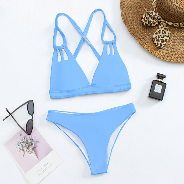 Wholesale Solid Blue Brazilian Bikini Set Two Piece Lace-Up Support Padded Cup Supplier