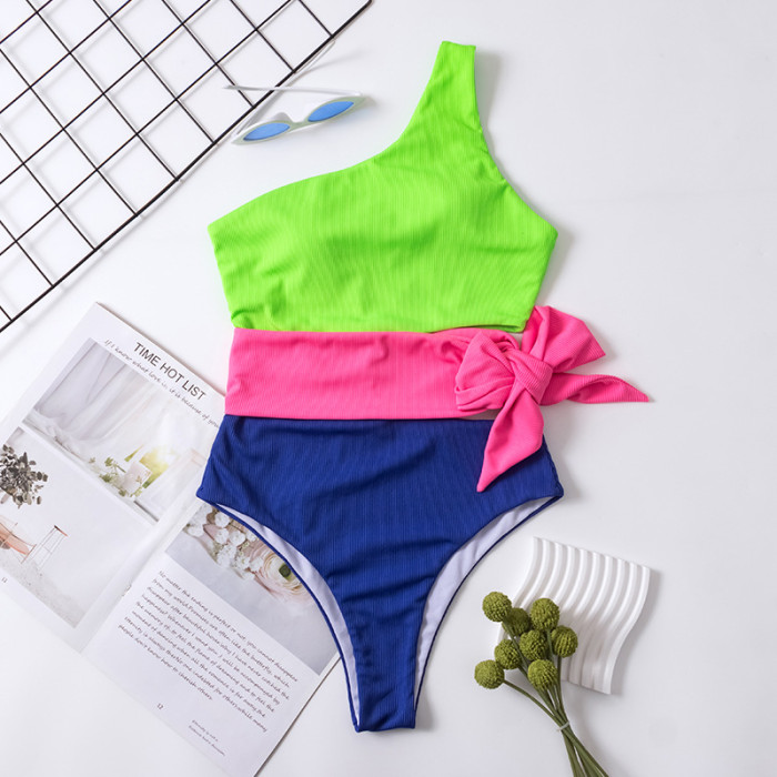 Wholesale Cheap Price Splicing Contrast Color Swimsuit One Piece Single Shoulder Cutout