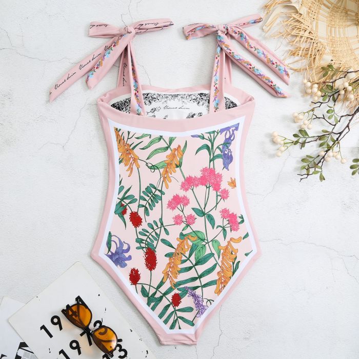 Wholesale Printed Swimsuit One Piece Vintage Floral Bandeau Beachwear Lace-Up 2023