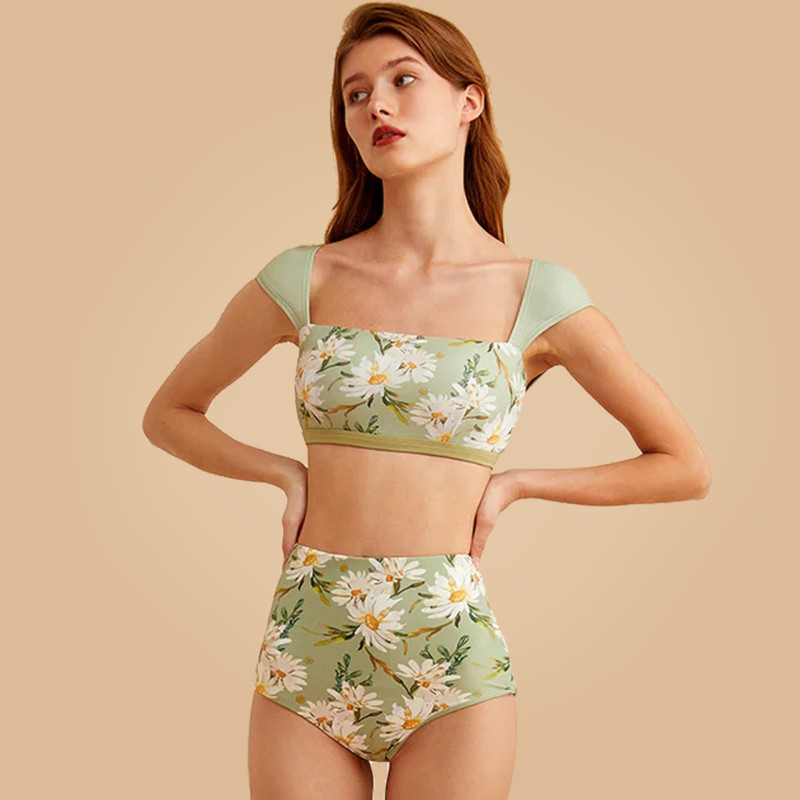 Wholesale Women High Waist Bikini Set Reversible Floral Print Swimsuit Cap Sleeves