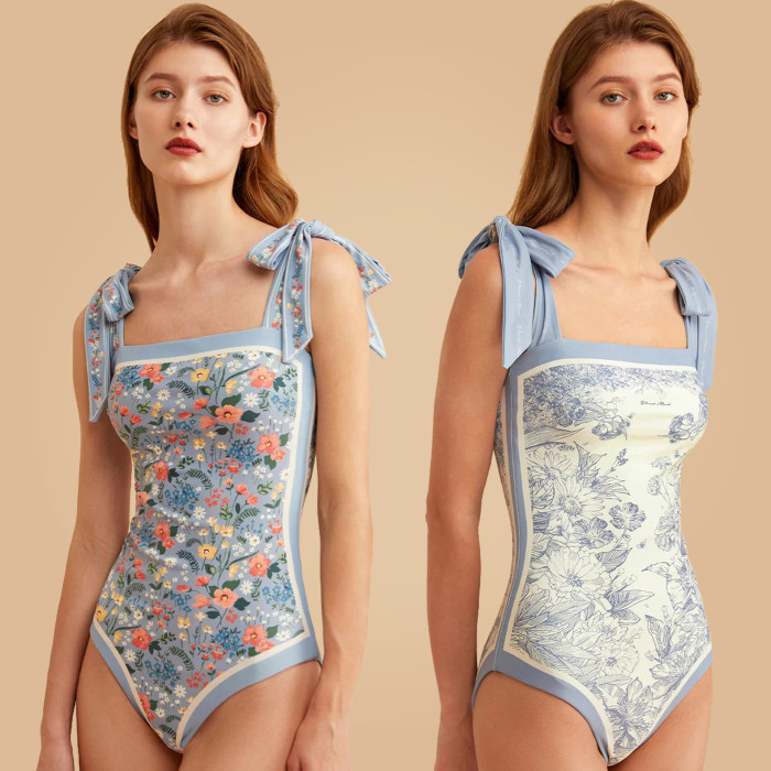 Wholesale Printed Swimsuit One Piece Vintage Floral Bandeau Beachwear Lace-Up 2023