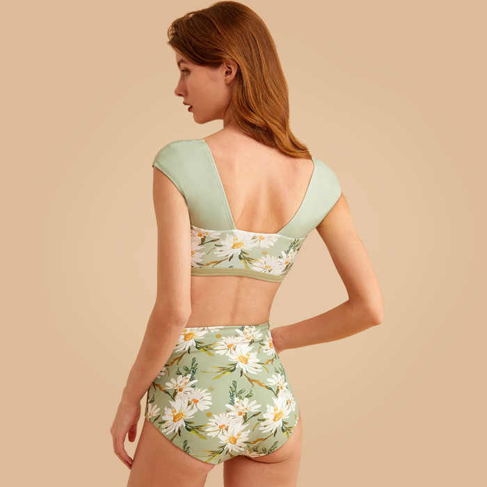 Wholesale Women High Waist Bikini Set Reversible Floral Print Swimsuit Cap Sleeves
