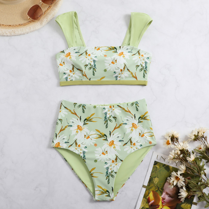 Wholesale Women High Waist Bikini Set Reversible Floral Print Swimsuit Cap Sleeves