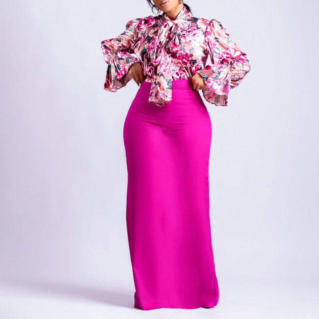 Wholesale Spring Printed Long Sleeve Shirt Maxi Skirt Two-Piece Set Plus Size Women