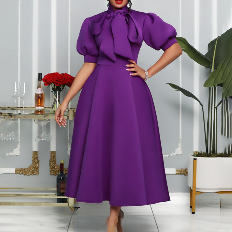 Wholesale Summer Plus Bowknot Evening Dress Vintage Solid Color Half Sleeve Women