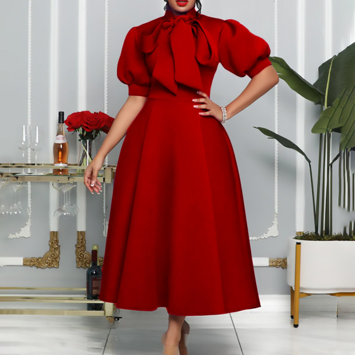 Wholesale Summer Plus Bowknot Evening Dress Vintage Solid Color Half Sleeve Women