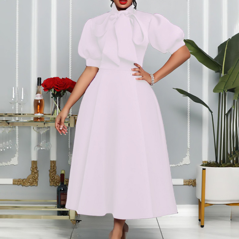 Wholesale Summer Plus Bowknot Evening Dress Vintage Solid Color Half Sleeve Women