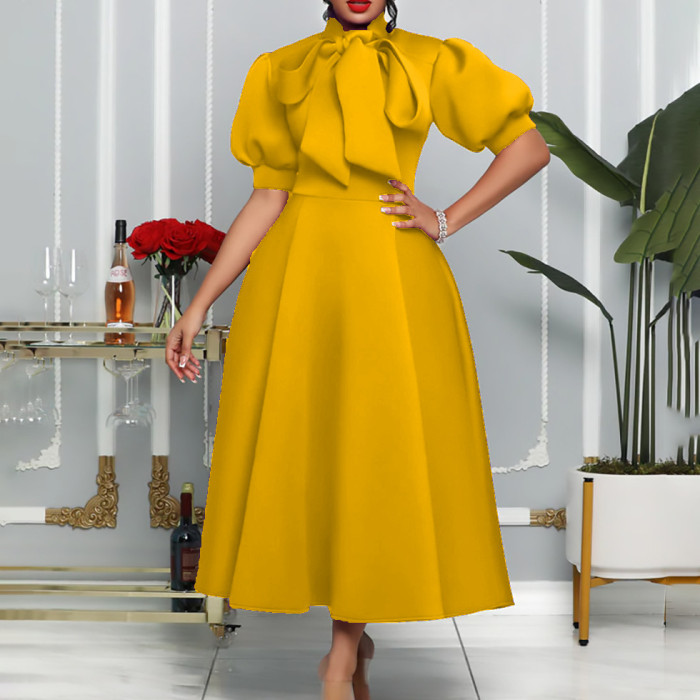 Wholesale Summer Plus Bowknot Evening Dress Vintage Solid Color Half Sleeve Women
