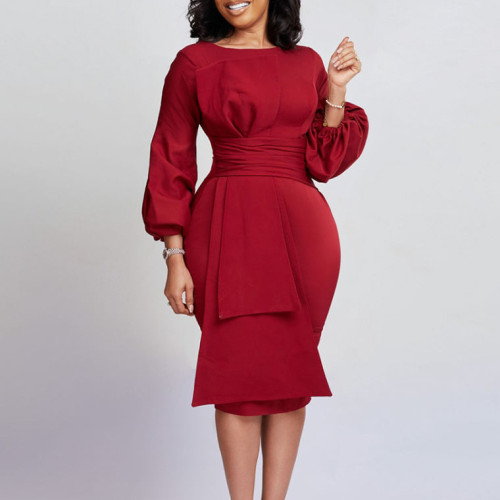 Wholesale Career Dress Solid Color High Waist OL Women Long Sleeve Plus Size
