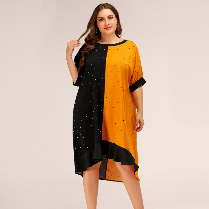 New Spring Summer Loose Plus Size Women's Dress Contrast Color Polka Dot Cover Belly