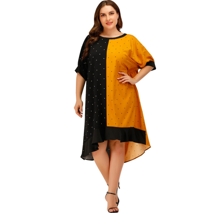 New Spring Summer Loose Plus Size Women's Dress Contrast Color Polka Dot Cover Belly