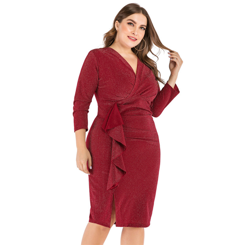 Wholesale Plus Size Dress V Neck Nine Quarter Sleeve Spring Slim Fit Bodycon Dress