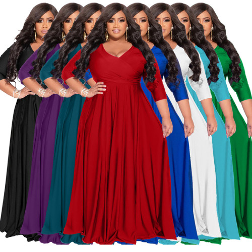 Wholesale Plus Dresses Maxi Long Sleeve V Neck Solid Color Fall Fat Women Clothes Supplier