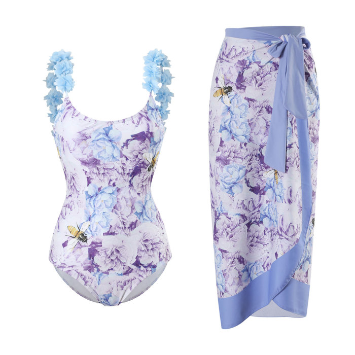 Wholesale Tummy Control One Piece Beachwear Backless Flower Shoulder with Print Skirts