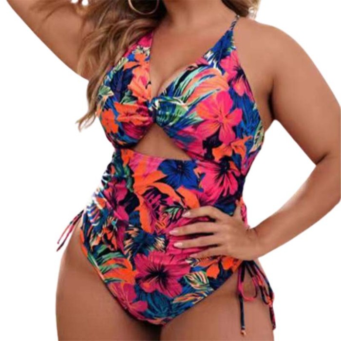 Wholesale Plus Size Swimsuit One Piece Floral Pattern Cutout Cross Back Tummy Control