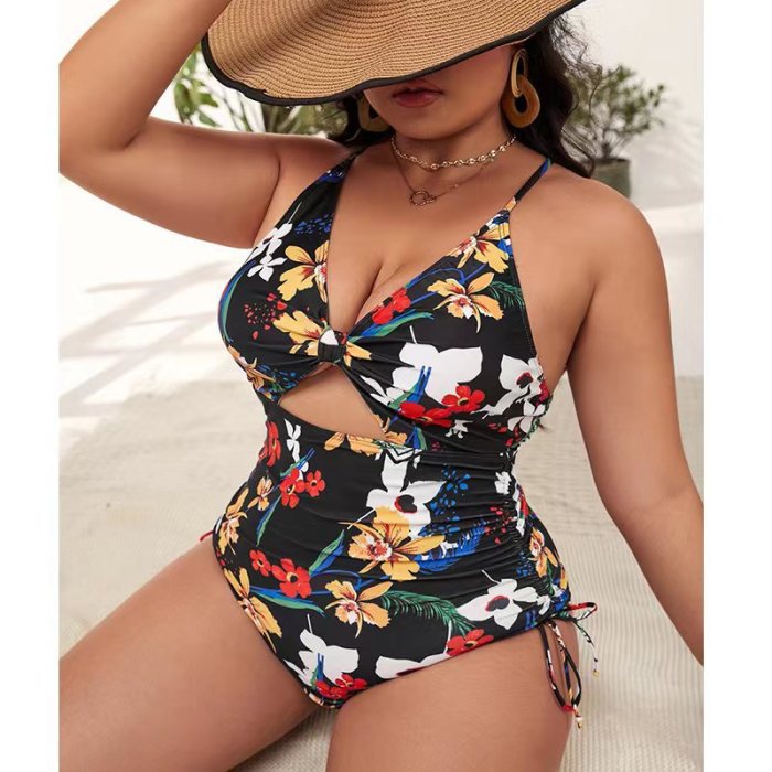 Wholesale Plus Size Swimsuit One Piece Floral Pattern Cutout Cross Back Tummy Control