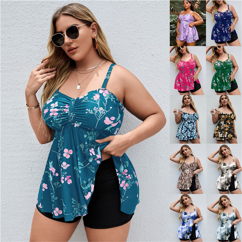 Wholesale Plus Size Tankini Fat Women Flower Print Bathing Suit with Swim Shorts Supplier