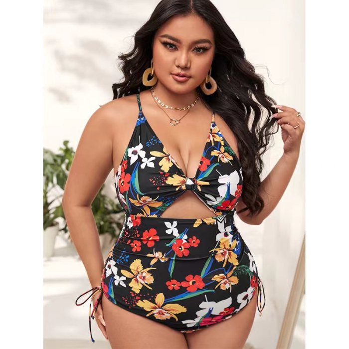 Wholesale Plus Size Swimsuit One Piece Floral Pattern Cutout Cross Back Tummy Control