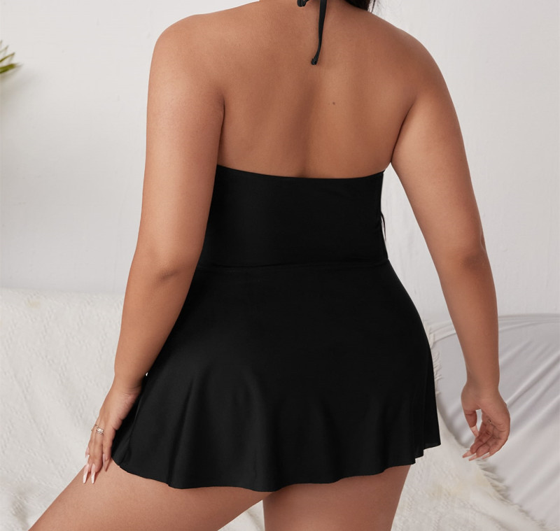 Wholesale Swimwear One Piece Halter Black Plus Size Swimsuit with Skirt Fat Women 2023