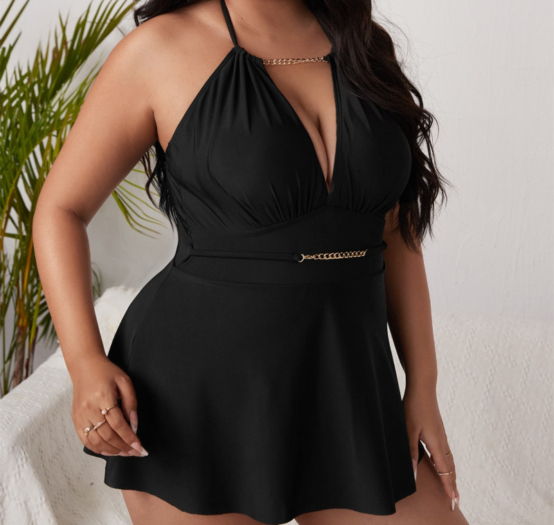 Wholesale Swimwear One Piece Halter Black Plus Size Swimsuit with Skirt Fat Women 2023