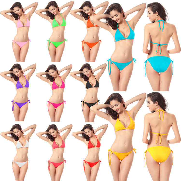 Wholesale Halter Lace-Up Neck Sexy Swimsuit Summer Solid Color Push Up Bikini Set Supplier