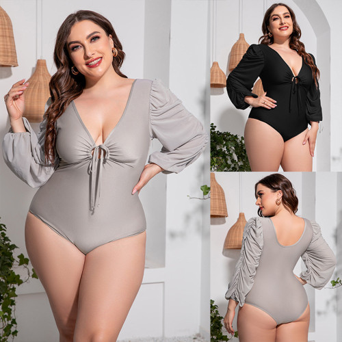 Wholesale Plus Size One Piece Swimsuit Long Sleeve Sexy Plunge Tummy Control Swimwear