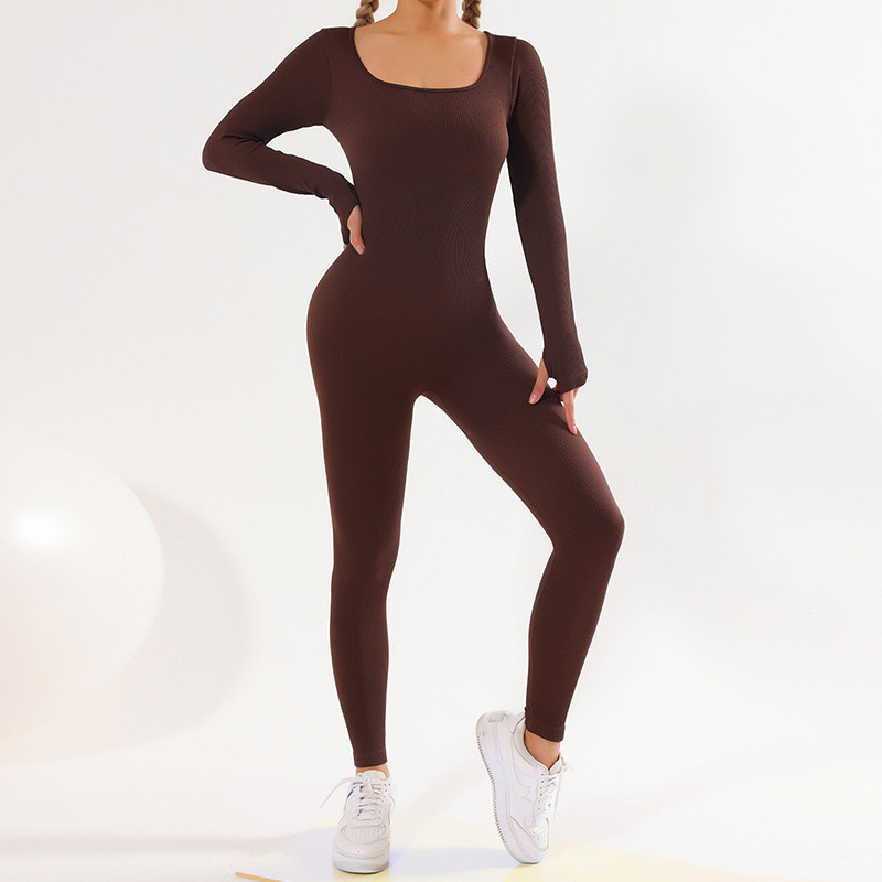 Wholesale Yoga Jumpsuit One Piece Fitness Bodycon Bodysuit Long Sleeve Ribbed Sportswear