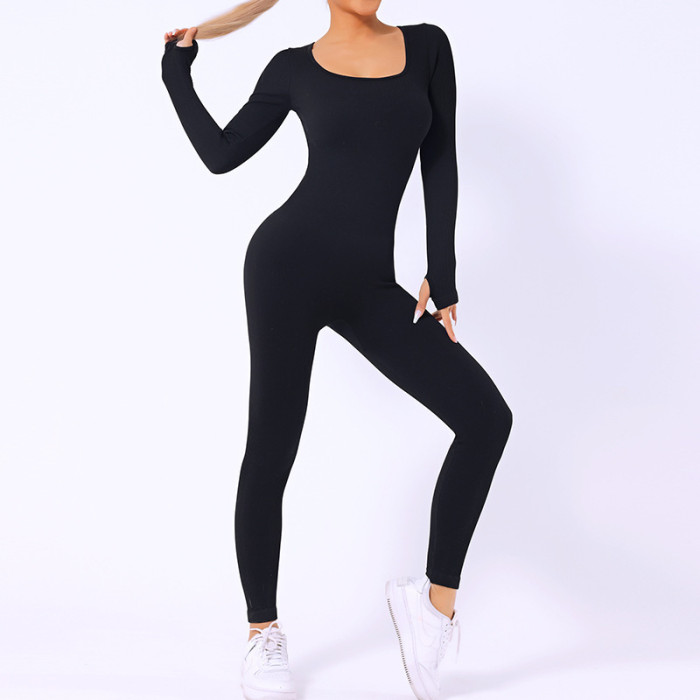 Wholesale Yoga Jumpsuit One Piece Fitness Bodycon Bodysuit Long Sleeve Ribbed Sportswear