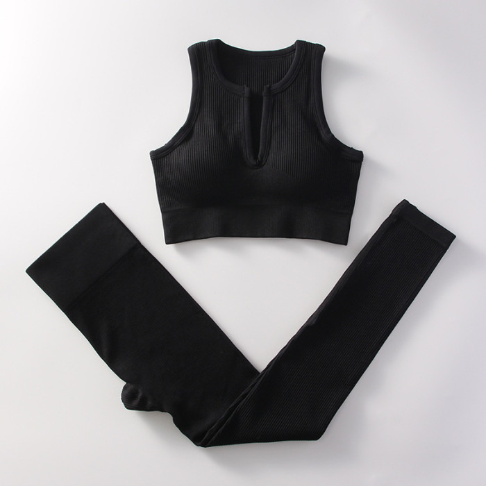 Wholesale Yoga Leggings Gym Bra Short Sleeve Tops Ribbed Women Sportswear Two Piece