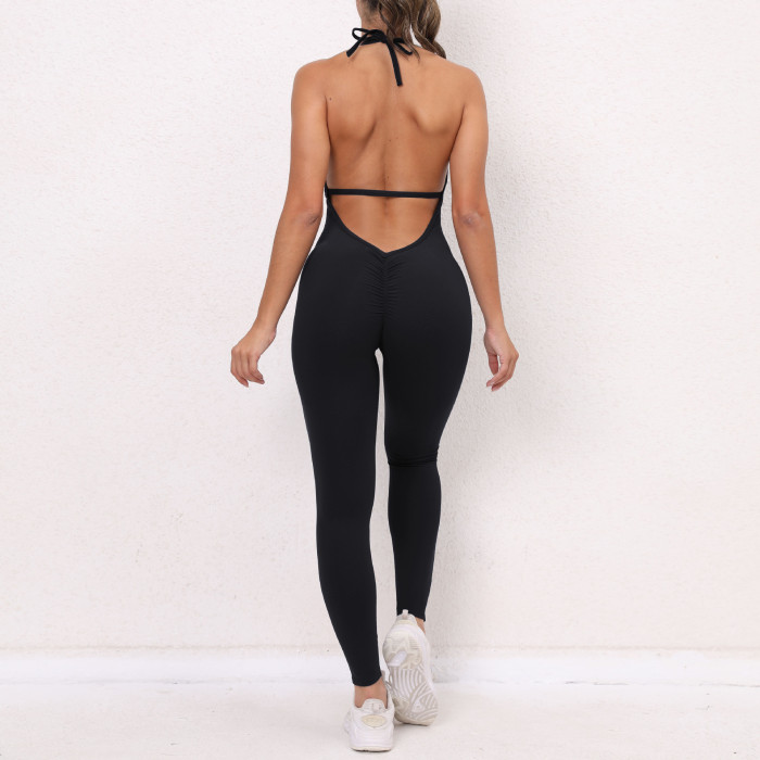 Wholesale Women Scrunch Butt V Back Yoga Jumpsuit Backless Halter Peach Hip Bodysuit Fitness