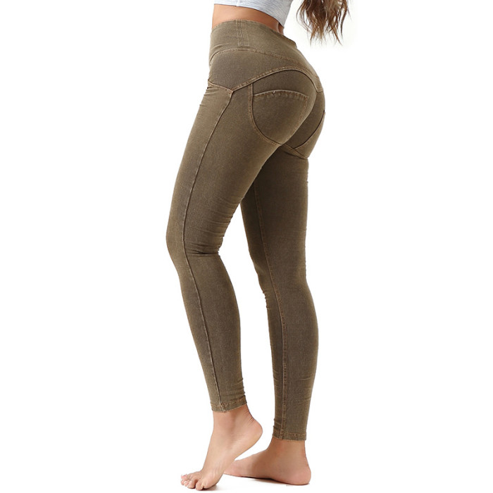 Wholesale Slim Fit Denim Pencil Pants Gym Yoga Legging Jeans Buttons High Waist Butt Lift