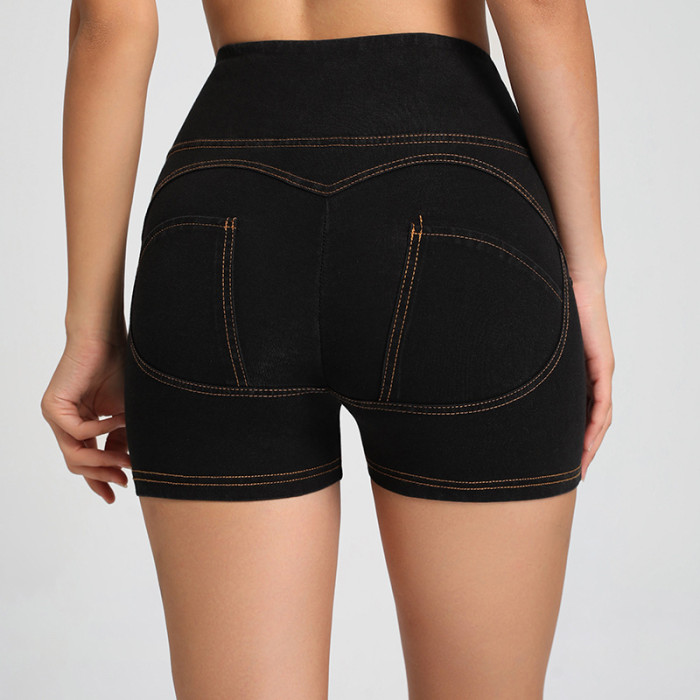 Wholesale Peach Buttocks Fitness High Waist Denim Shorts Sports Stretch Yoga Pants Zipper