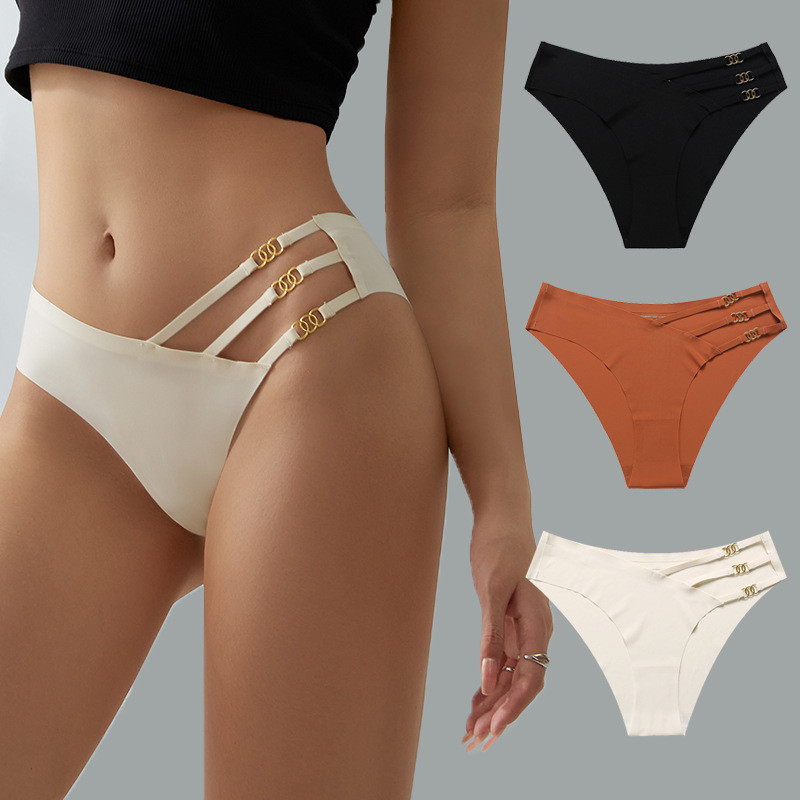 Wholesale Cheap Underwear Women Traceless Panties Waist Cut Out Ring Briefs Ice Silk