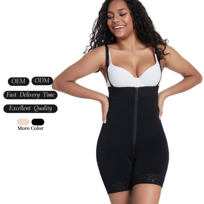 Custom Lace Trim Zip Front Shapewear Bodysuit Butt Lifter Triple Mesh Control Waistline Fajas