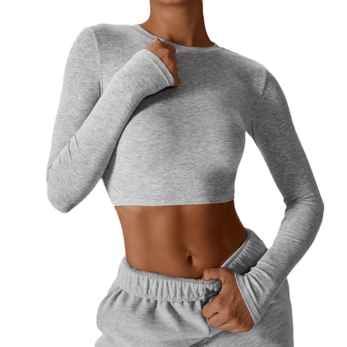 Wholesale Yoga T-Shirts Sportswear Casual Rib Long Sleeve Breathable Fitness Crop Tops