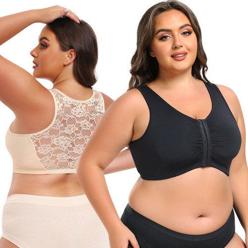 Wholesale Plus Size Full Cup Bra for Women Hide Back Fat Wireless Vest Lace Bra Front Closure
