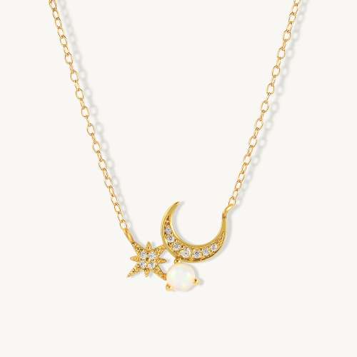 Moon and Star Zircon Necklace