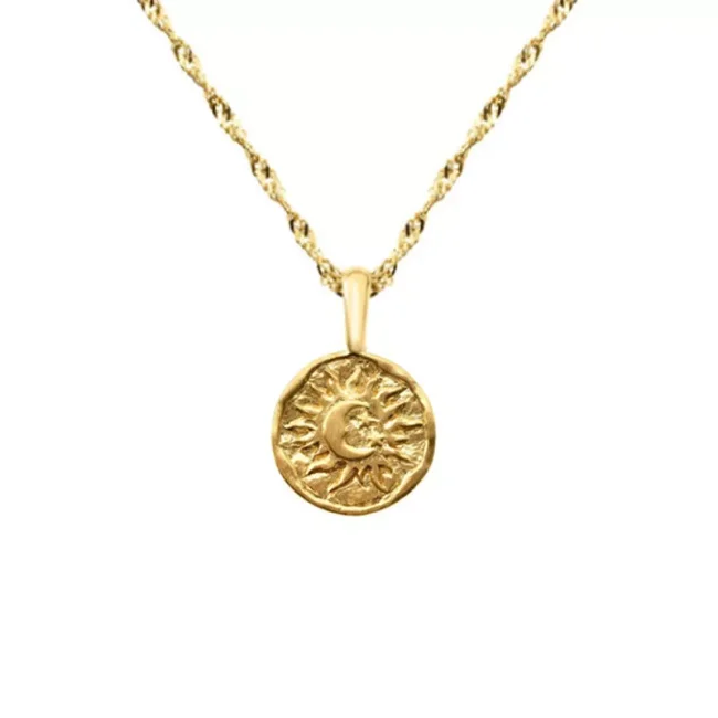 14k Solid Gold Sun and Moon Necklace