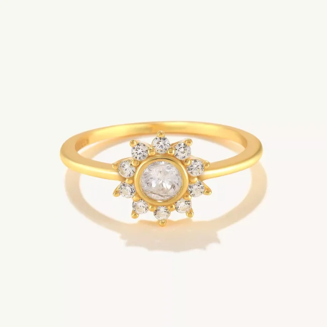 14k Solid Gold Sunflower Zircon Ring