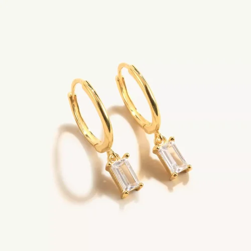 14K Solid Gold Baguette Drop Earrings