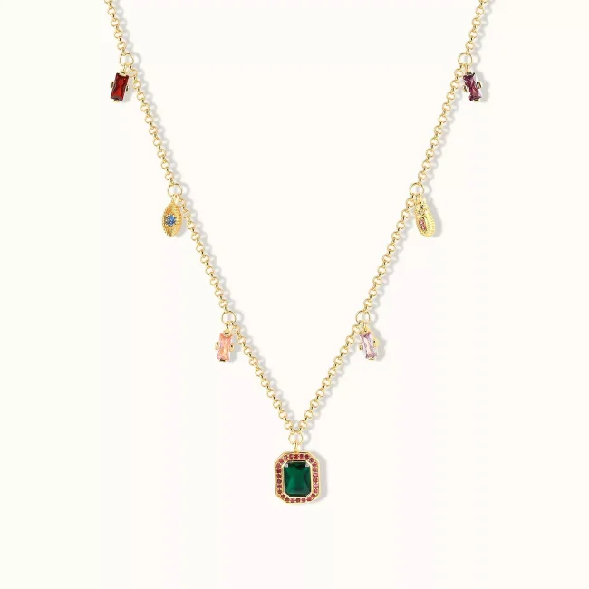 14k Solid Gold Colorful Lucky Stone Necklace