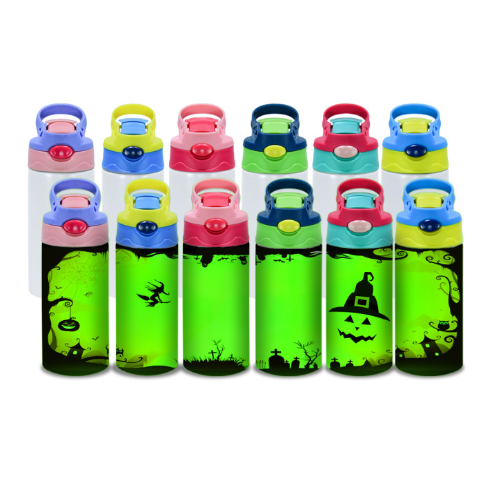 US Warehouse Glow in the dakr 12oz Sublimation Straight Top Flip Kids Water Bottle with Colorful Top