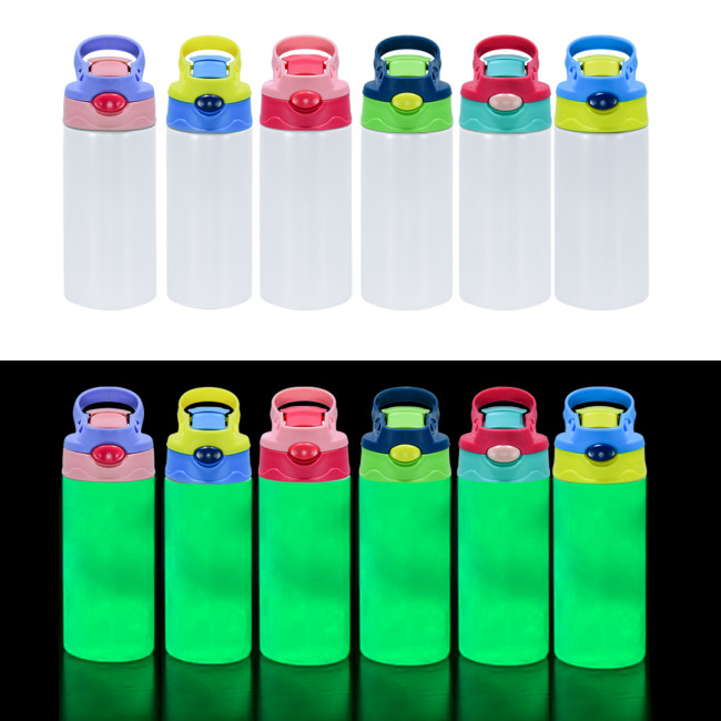 US Warehouse Glow in the dakr 12oz Sublimation Straight Top Flip Kids Water Bottle with Colorful Top