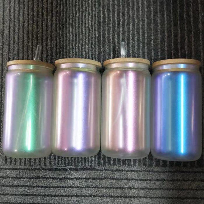 US Warehouse 16oz Rainbow Glitter Sublimation Iridescent Glass Can With Bamboo Lid Mixed 4 Colors