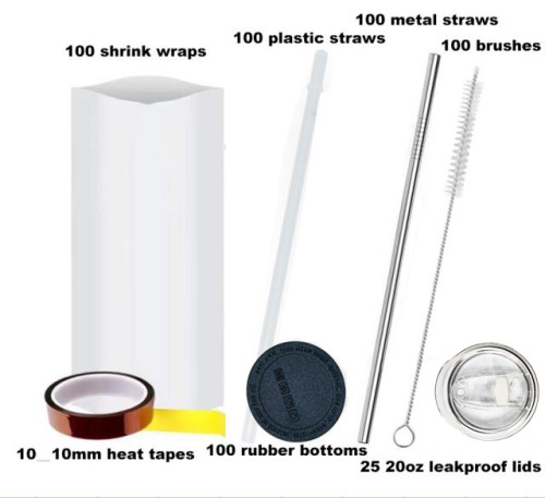 RTS USA warehouse 20oz plastic lids+metal straw+plastic straw+rubber bottom+heat tape+shrink wrap accessorries set