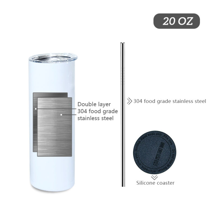 RTS USA warehouse 20oz sublimation straight skinny tumbler with stainless steel straw+plastic straw+rubber bottom