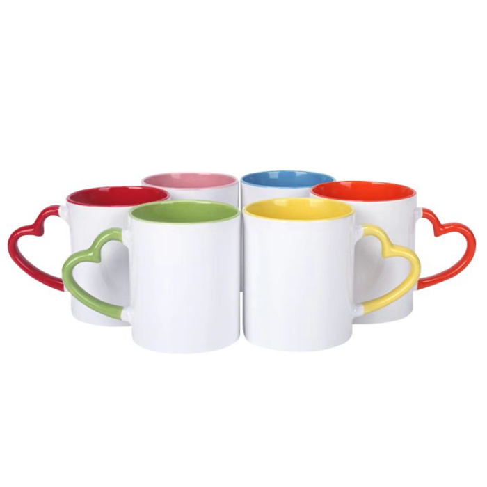 Clearance Sale warehouse 11oz sublimation ceramic coffee mug with colorful inside and heart handle