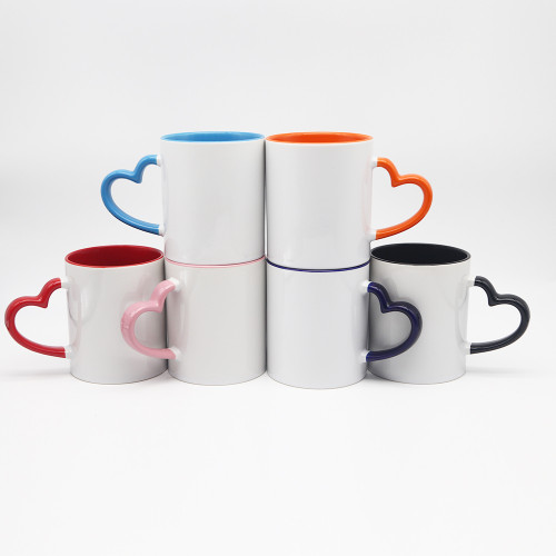 RTS USA warehouse 11oz sublimation ceramic coffee mug with colorful inside and heart handle