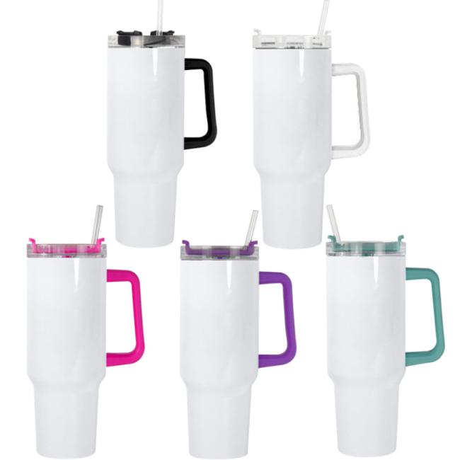 Chinese Warehouse 40OZ white sublimation blanks travel tumblers with colorful handle