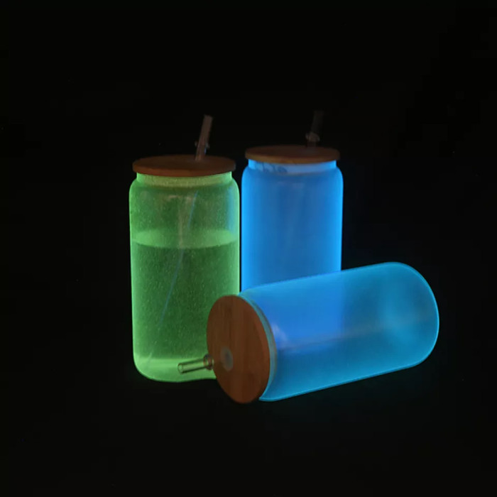 RTS US Warehouse 16oz Frosted Glow in the Dark Sublimation Glass Can With Bamboo Lid